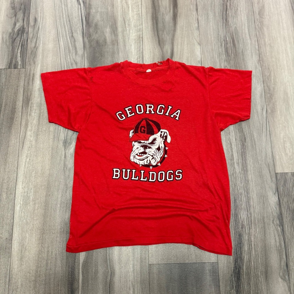 Vintage Georgia Bulldogs T-Shirt Red Distressed Single Stitch NCAA UGA Men Small